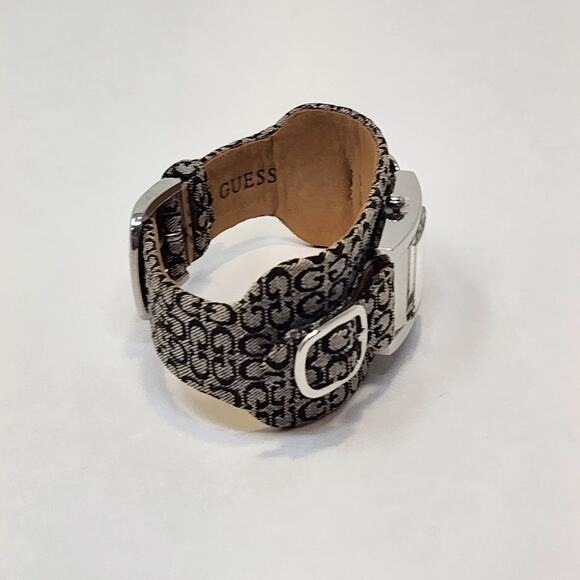 Guess Black Gray Logo Jacquard Cuff Watch Wristwatch Womens Buckle Strap Works - Picture 4 of 7